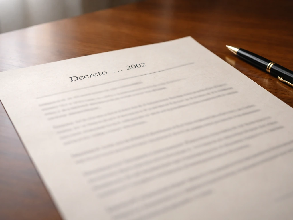 Close-up of an official Portuguese decree document on a wooden desk with “Decreto … 2002” context.
