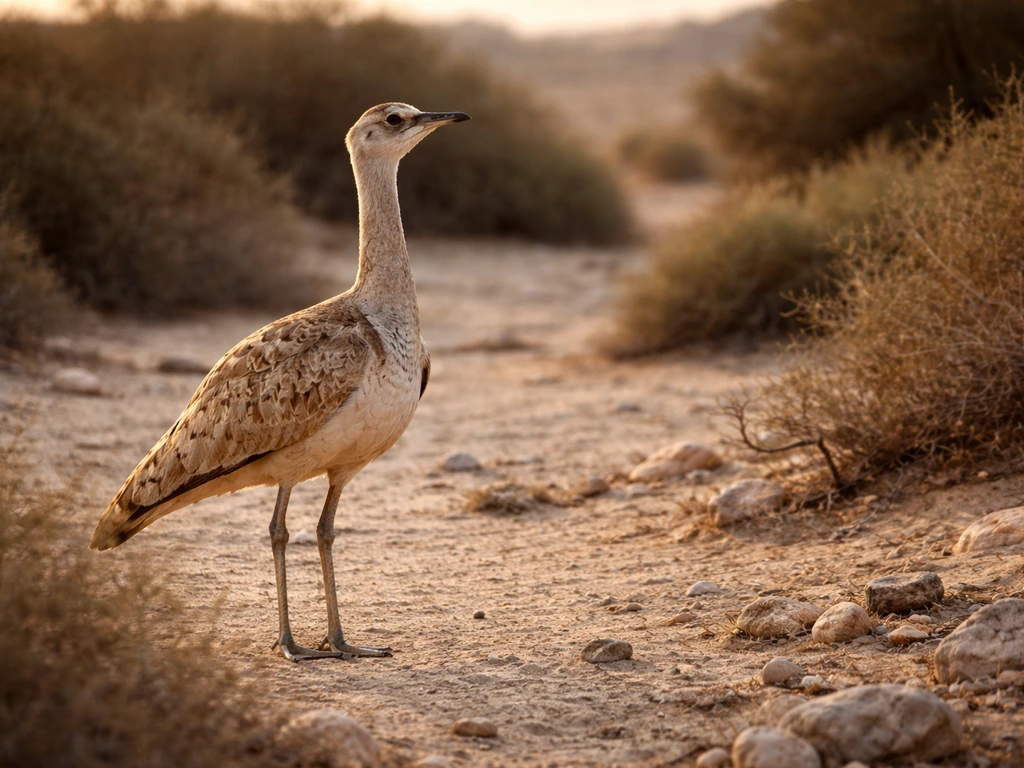 Arabian bustard standing in a Bahrain desert wadi with low scrub and golden natural light.