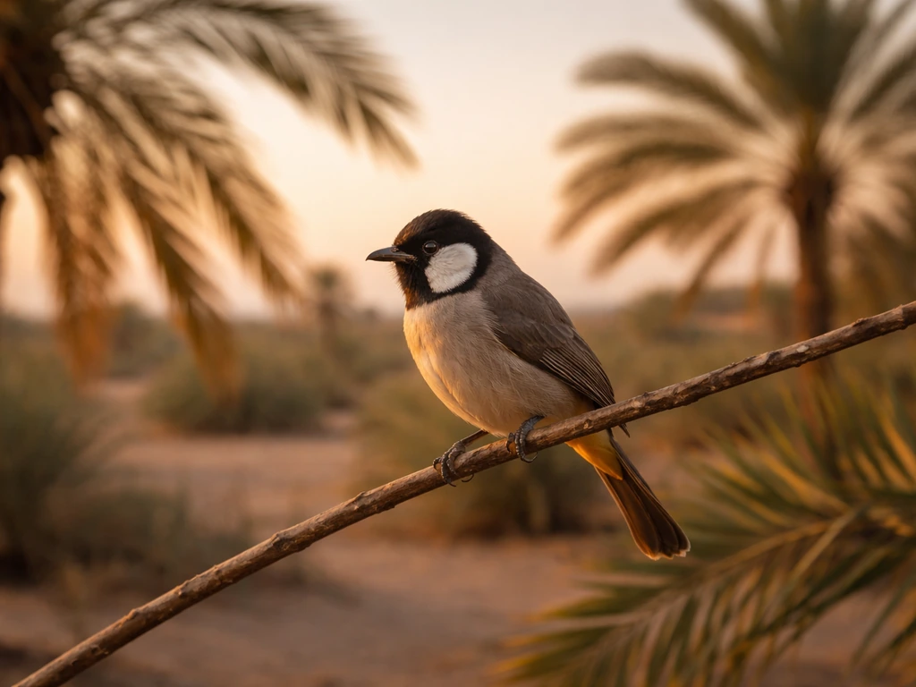 White-eared bulbul perched on a branch with Gulf date palms in a warm, minimal background.