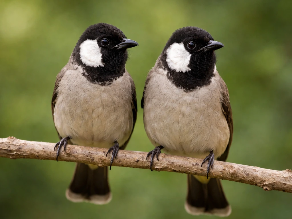 Two bulbul species perched side-by-side, showing white ear patch vs white cheek markings clearly.