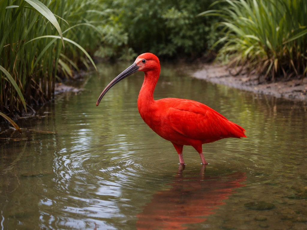 Scarlet ibis wading in a lush tropical wetland marsh, vivid red against green plants
