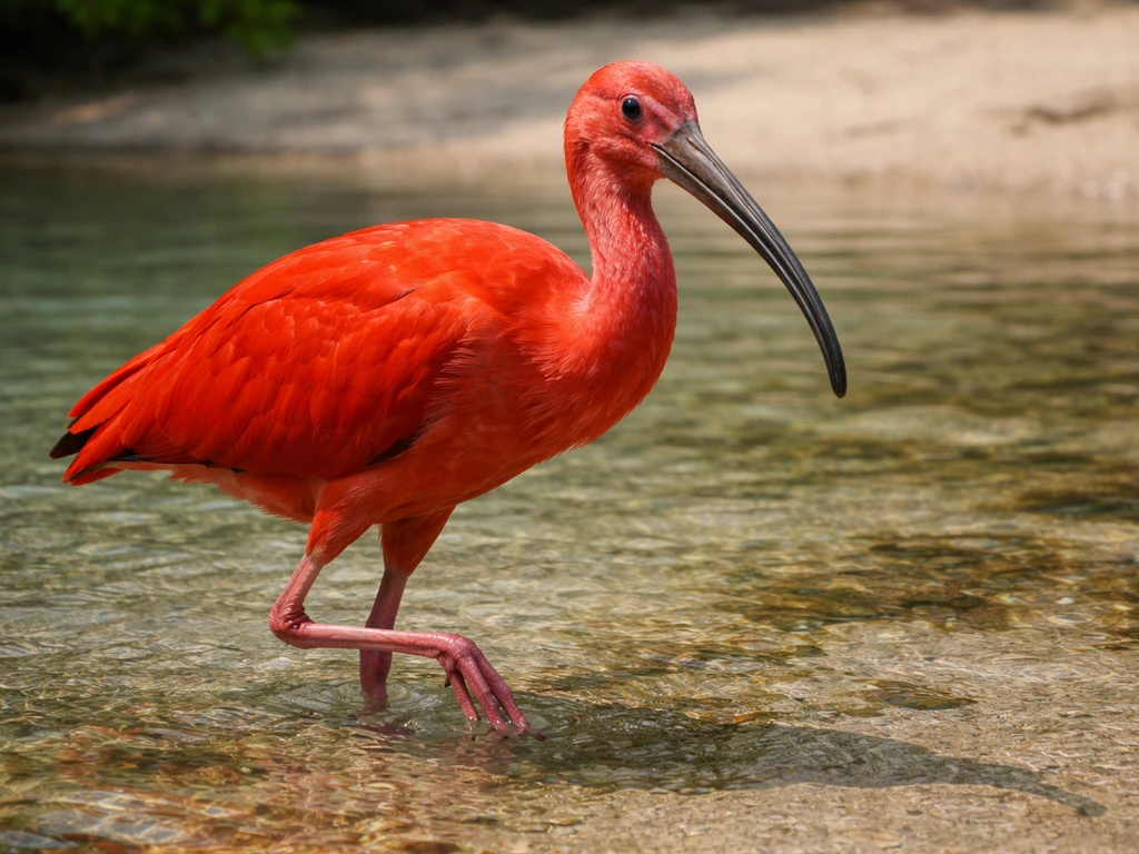 Close-up of a scarlet ibis wading near shallow water, showing its curved beak and red plumage.