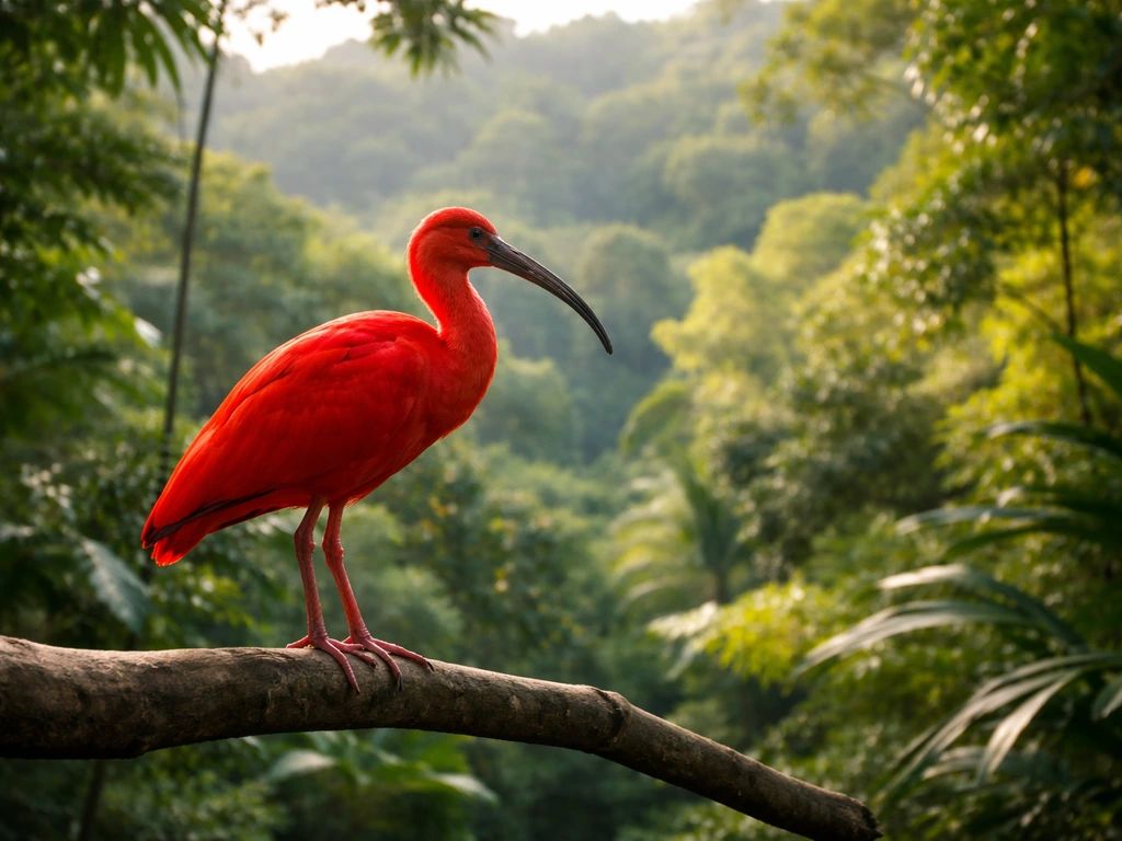 Scarlet ibis perched in a lush tropical setting with vivid red feathers and natural sunlight.