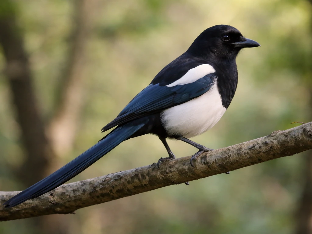 Korean magpie perched on a branch, showing black-and-white plumage and long tail in soft forest light.