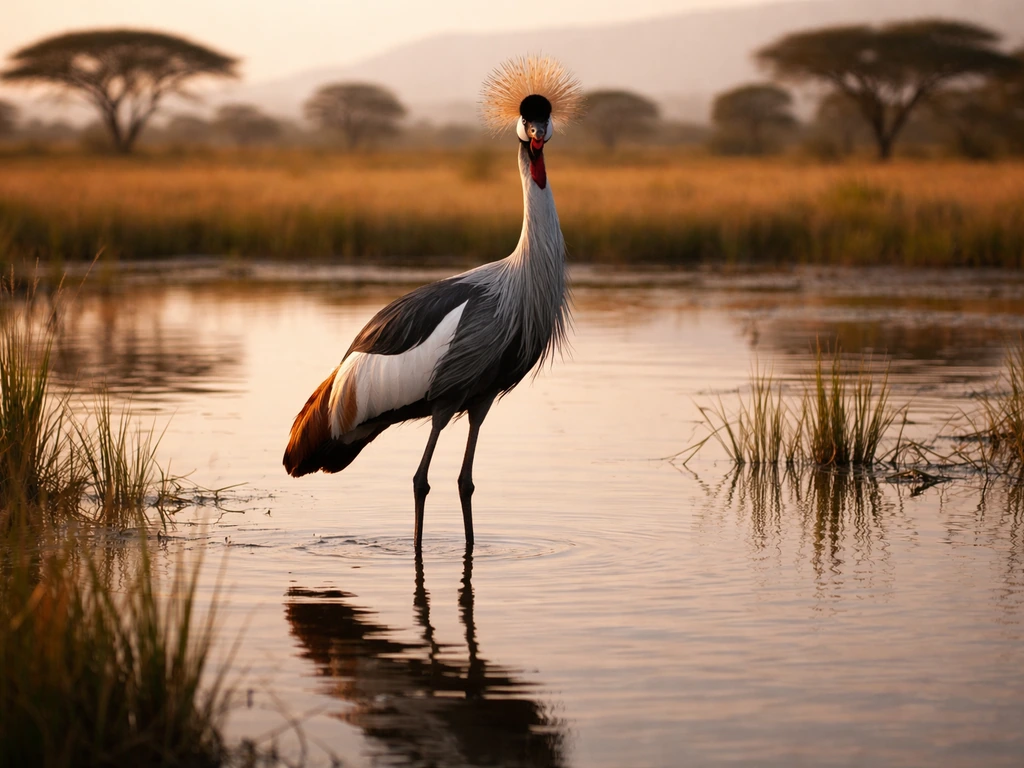Grey crowned crane standing in a shallow savanna wetland in Tanzania, with tall grass and distant hills