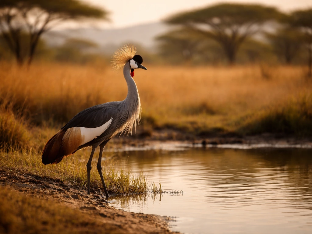 Grey crowned crane by a savannah pond with soft acacia silhouettes in the background.