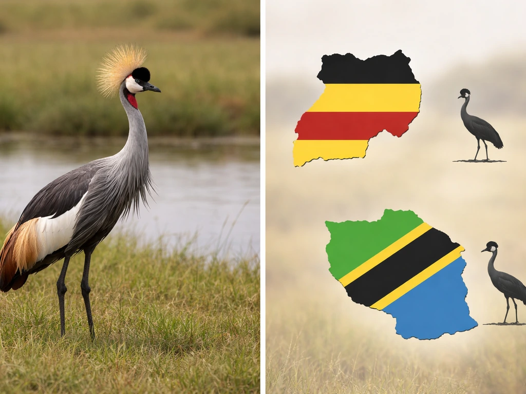 Grey crowned crane beside simple silhouettes of Uganda and Tanzania flags, explaining a wildlife identification mix-up.