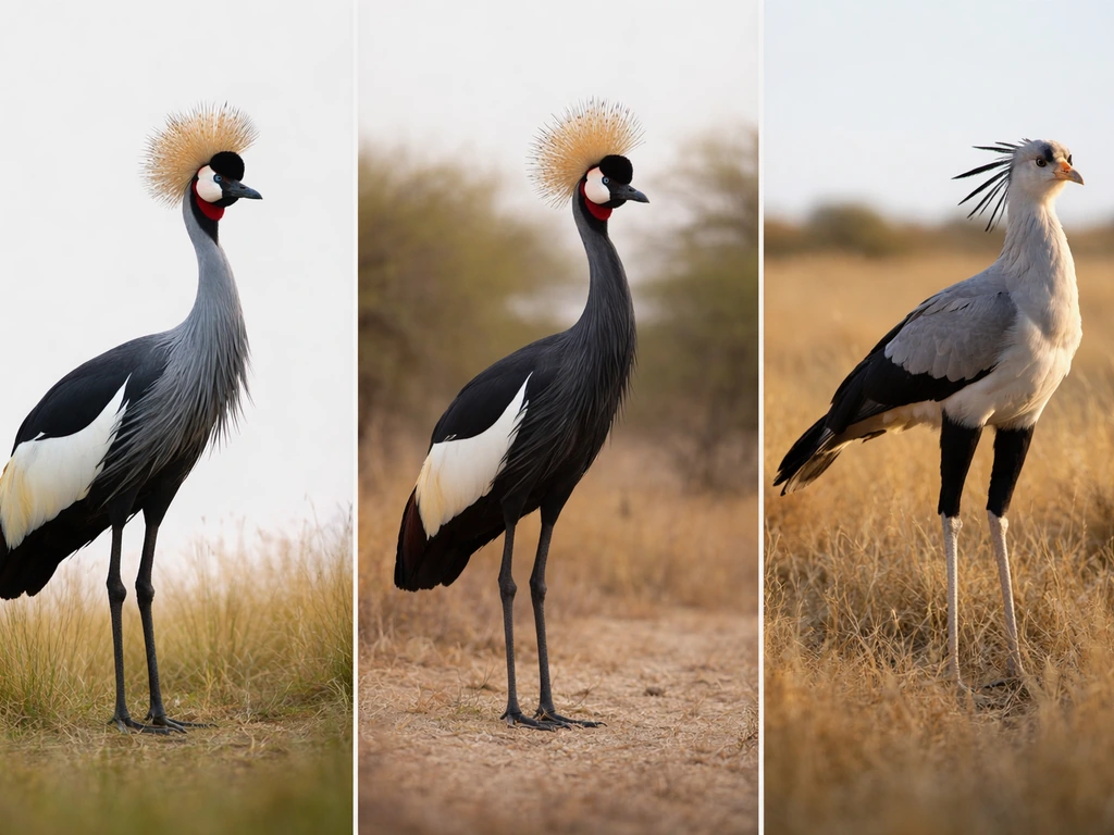 Three isolated bird species silhouettes on a neutral background: Grey crowned crane, crowned crane, and secretary bird.