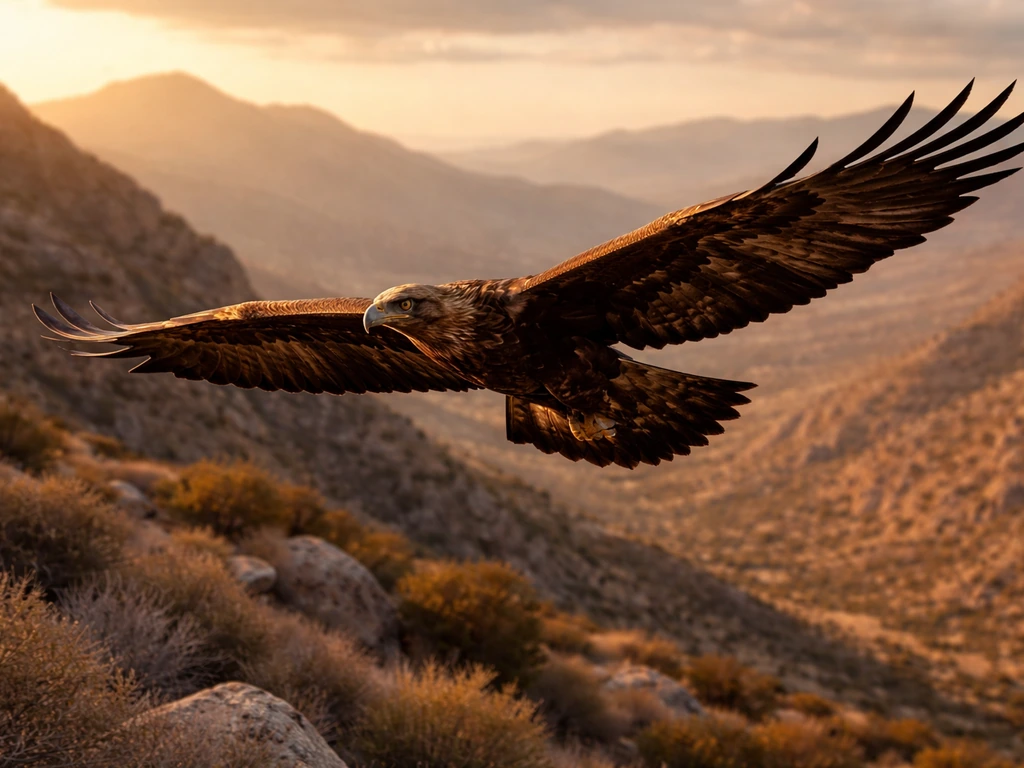 Golden eagle soaring above rugged mountains in an Iranian-style landscape at golden hour.