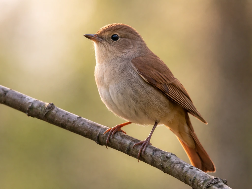 Close-up of a single nightingale perched on a natural branch, softly lit in a minimal outdoor setting.