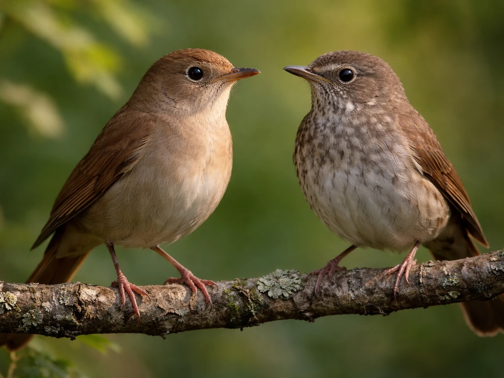 Two small gray-brown woodland birds perched side by side, nightingale vs thrush nightingale comparison in soft light.