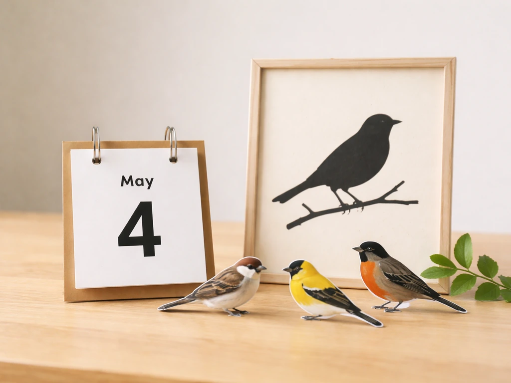 Minimal tabletop display with a May 4 calendar page, bird silhouette art, and small common bird figures.