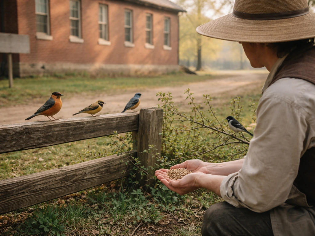 1890s schoolyard scene with an anonymous person feeding birds beside a fence, with a few songbirds nearby.