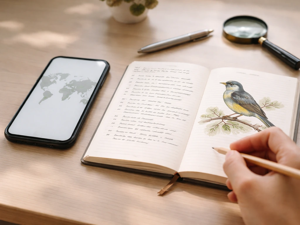 Desk research scene: phone map highlights a country and a bird guide/notebook shows national-bird notes.