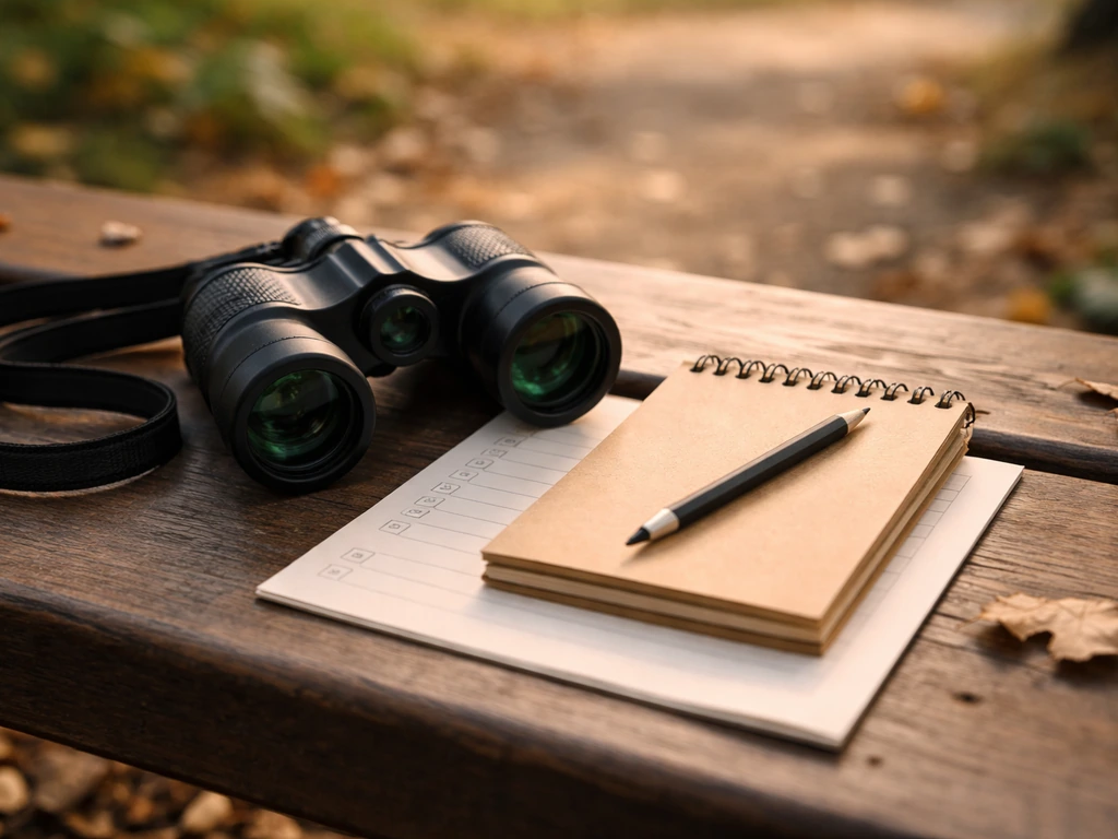 Binoculars and a field notebook on a park bench, with a blank checklist page nearby for Bird Day participation.