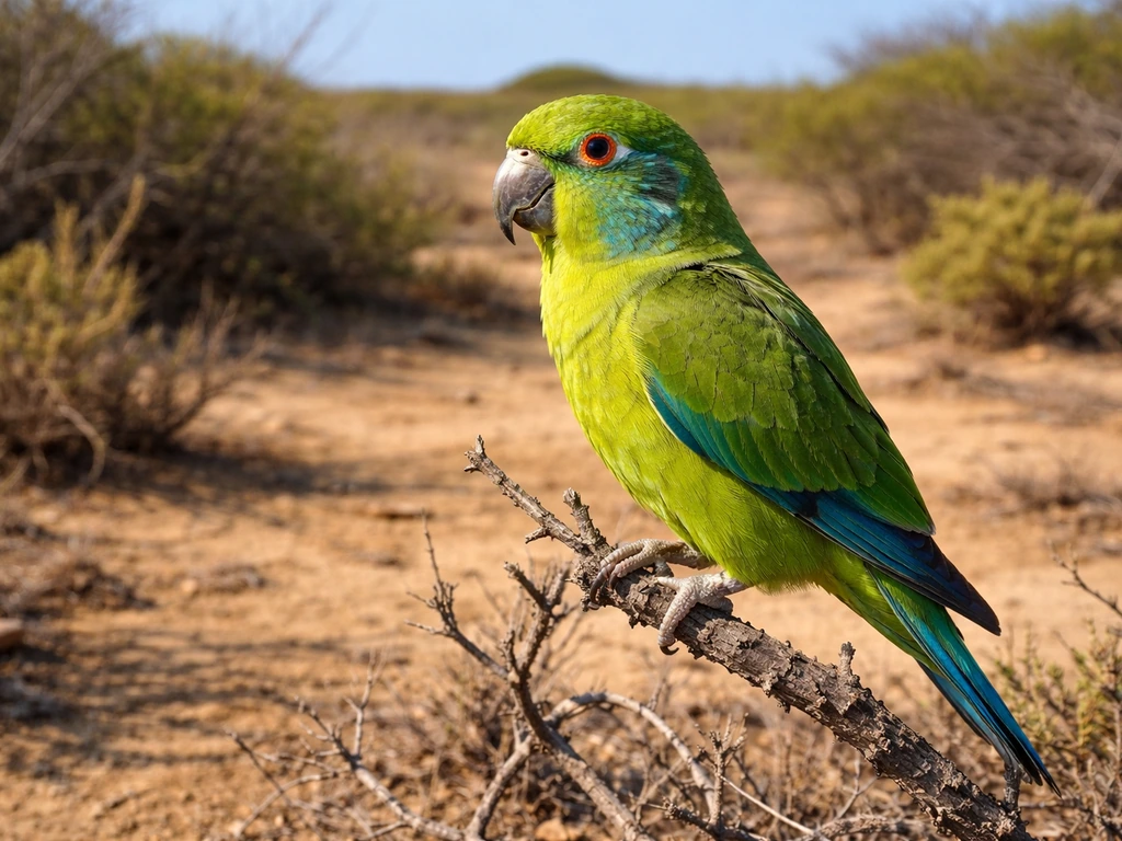 A vibrant Prikichi (Aruba national bird) perched on a dry scrub branch in Aruba’s arid landscape.