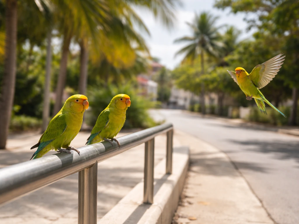 Several social parakeets perched and fluttering on an Aruba street in bright natural light.