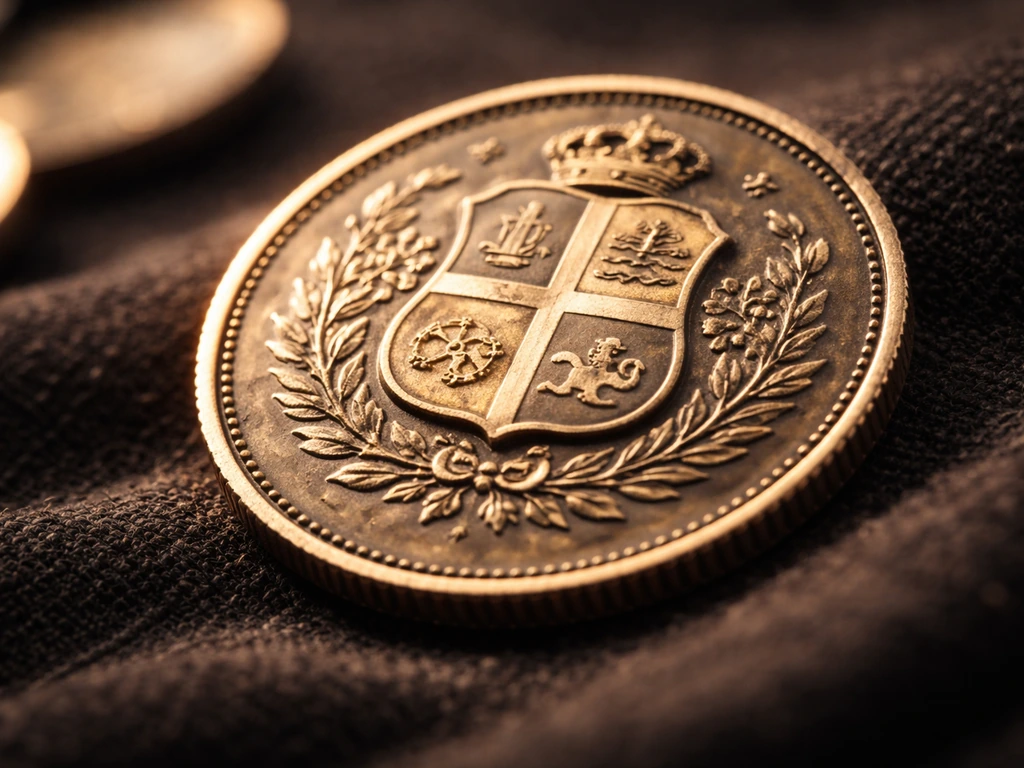 Close-up of an Aruba commemorative heritage coin on dark fabric with engraved details.
