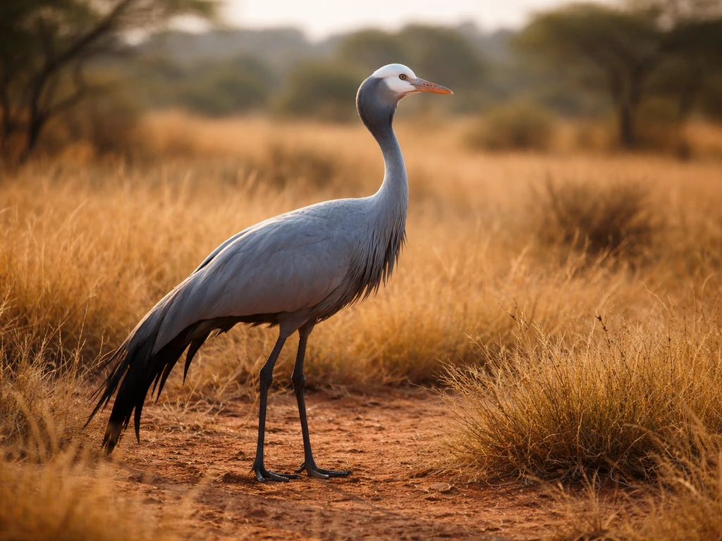 Blue crane standing in tall grass with a South African savanna backdrop at golden hour.
