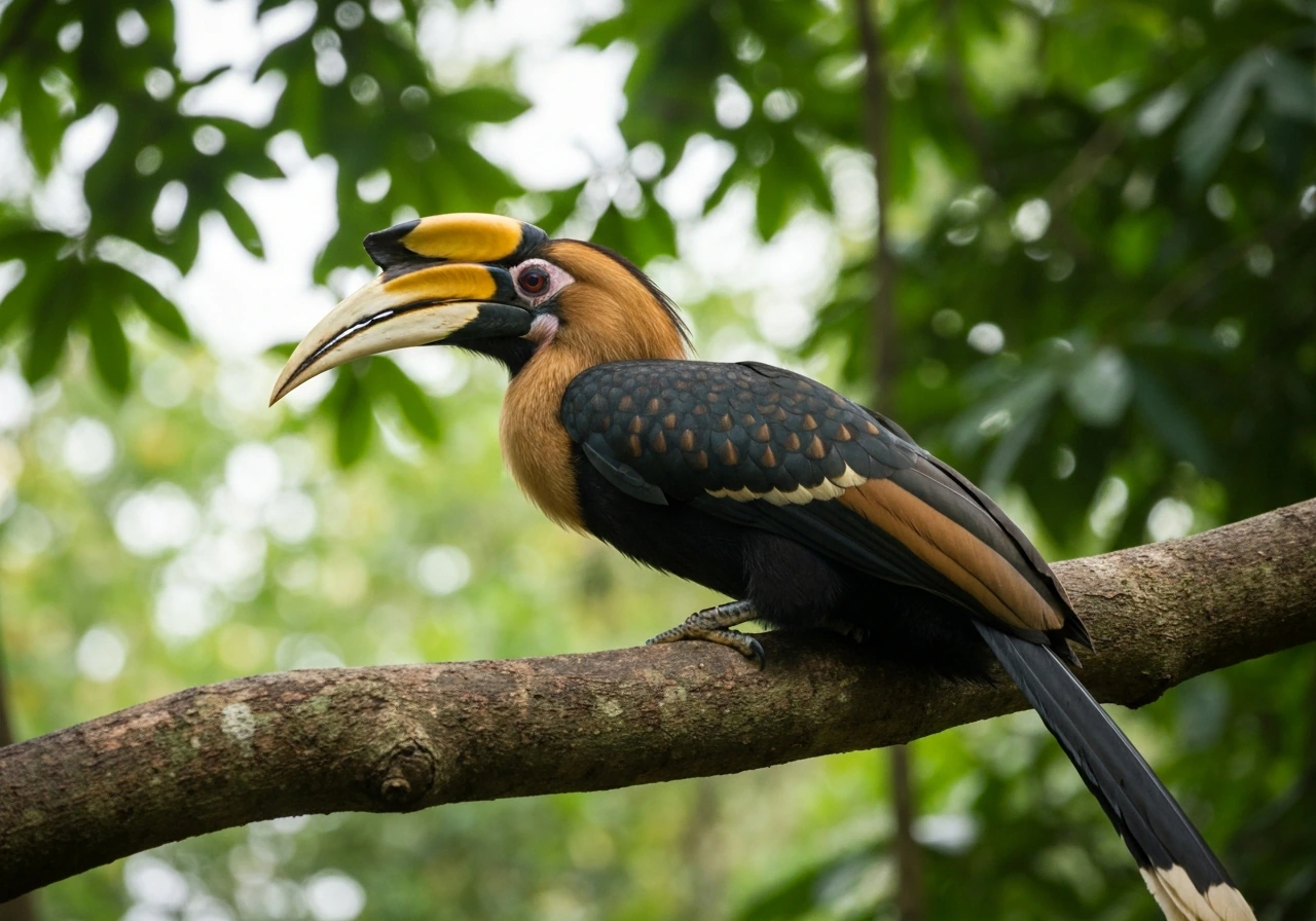 Rhinoceros hornbill perched in a lush Malaysian rainforest, highlighting its casque and black-and-buff plumage.