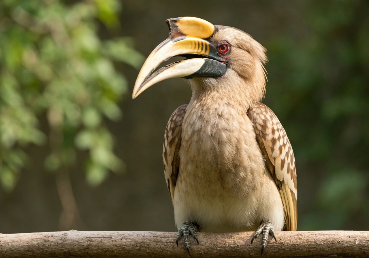 Close-up of a Rhinoceros Hornbill with its casque on the beak, perched in soft natural light.