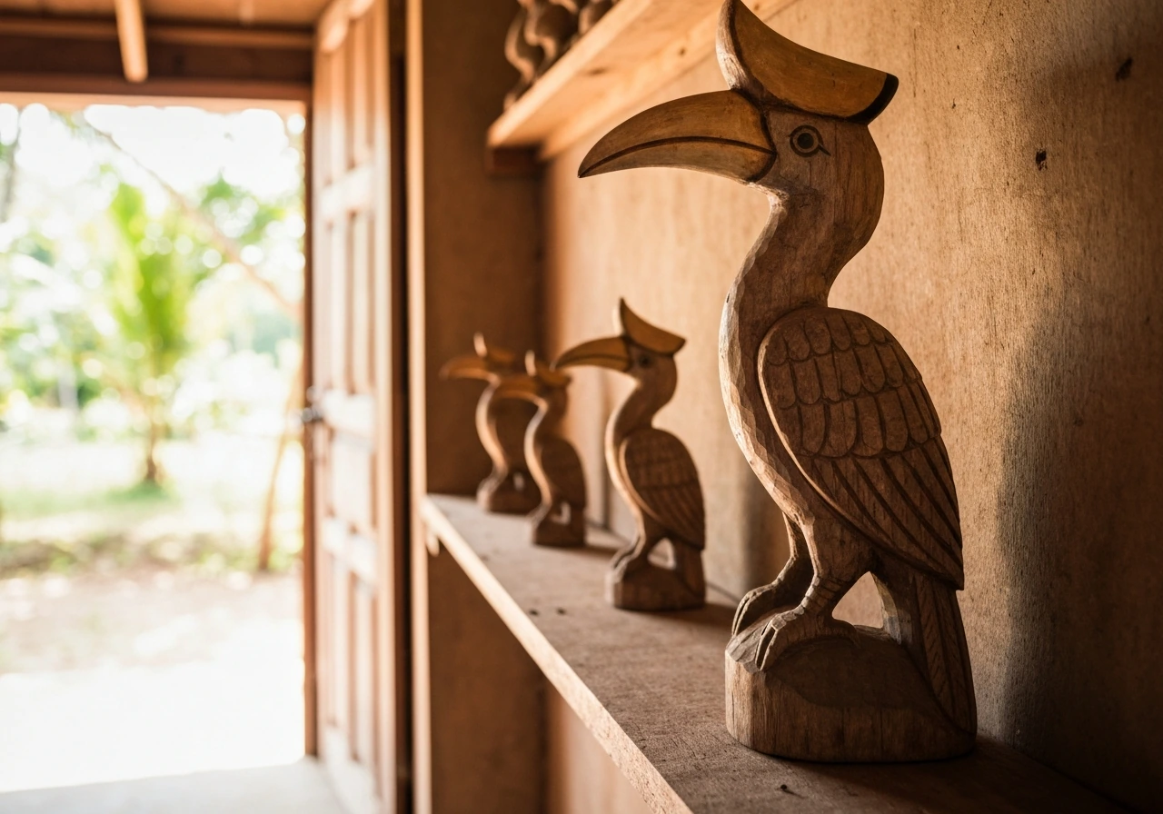 Carved wooden hornbill figures in a Sarawak home, lit by warm natural daylight.
