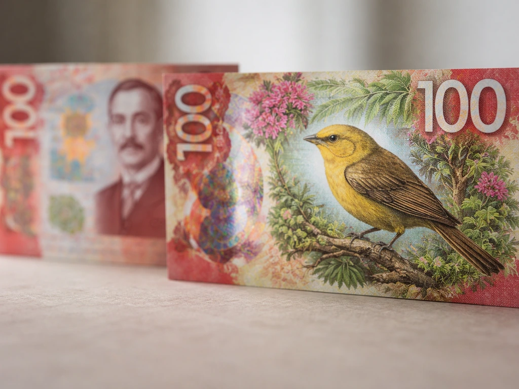 High-detail NZ $100 note with the mōhua bird on the reverse as the main focus