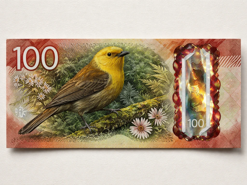 Close-up of the NZ $100 note back showing the mōhua (yellowhead) and the holographic window shimmer.