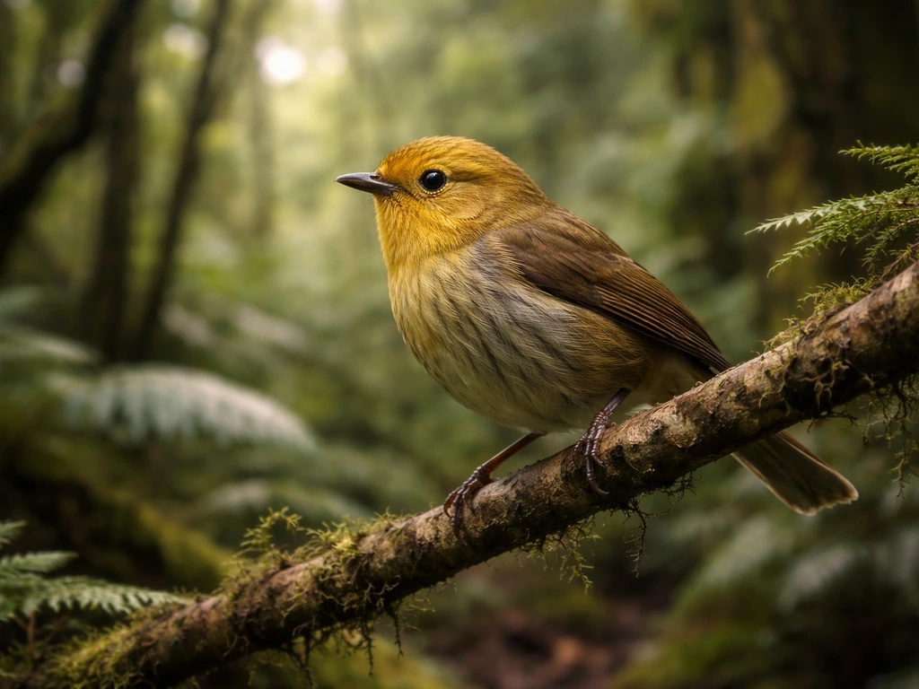 A mōhua bird perched among native trees in a misty New Zealand forest