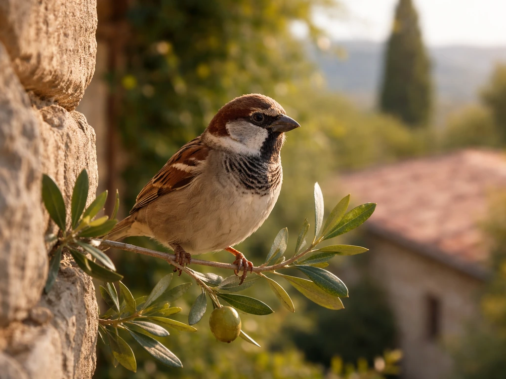 An Italian sparrow perched on an olive branch in warm outdoor light, with hints of Italy.