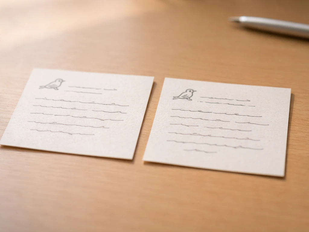 Two printed reference cards laid side-by-side with conflicting bird-list notes, close-up in soft daylight.