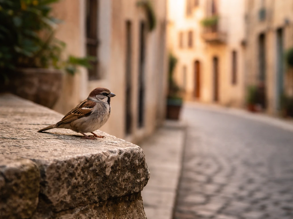 Italian sparrow perched on a cobblestone ledge with muted urban Italy background, cultural symbolism mood.