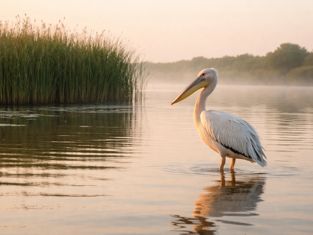 Great white pelican standing in shallow water in the Danube Delta, Romania, with white plumage visible.
