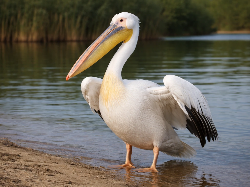 Great white pelican standing at a calm lakeshore, white feathers and large bill in sharp focus.