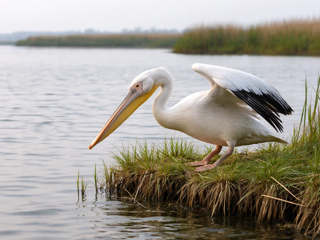 Great white pelican perched near water with wings partially spread and bill angled forward