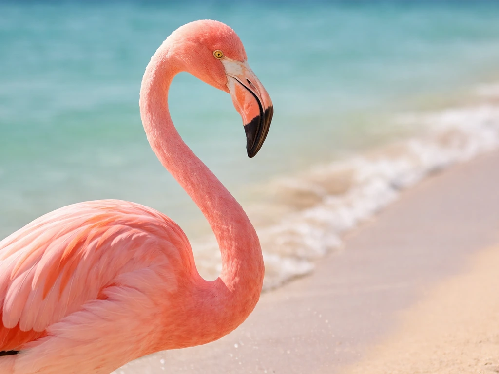 Close-up of a flamingo by the beach with soft turquoise water in the background.