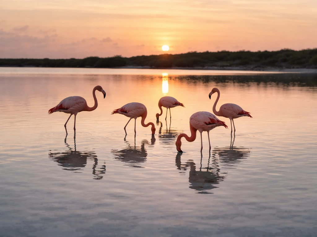 Pink flamingos wading in shallow salt ponds near Great Inagua, Bahamas at golden hour