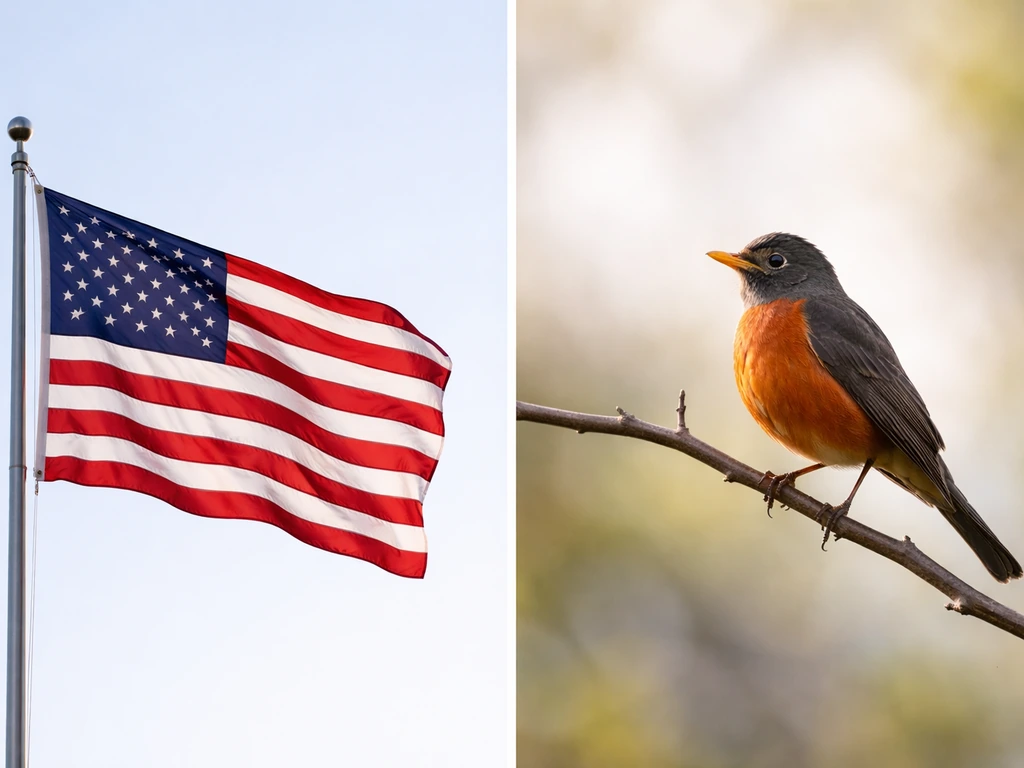 Side-by-side view of a waving flag with distinct colors and a perched bird’s clear silhouette and posture.
