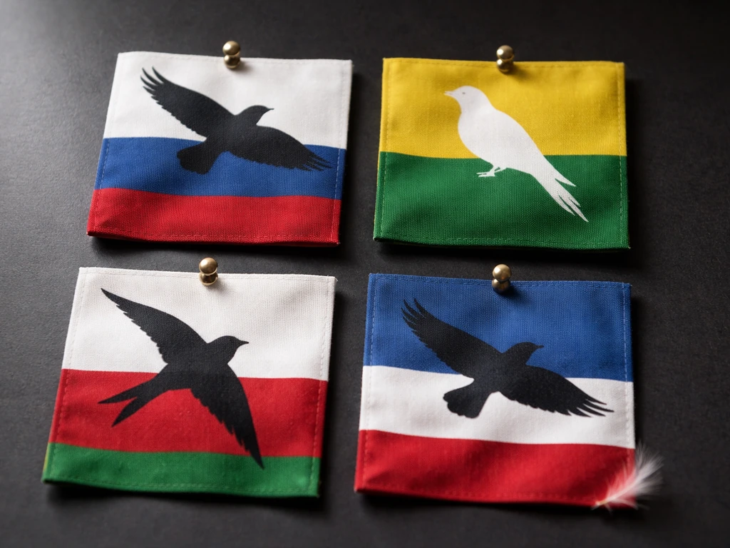 Minimal photo-style grid of four small flag-and-bird style tiles for country identification verification