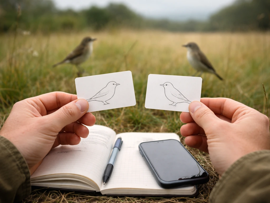 Hands compare two bird silhouettes with focus on posture and beak shape outdoors.
