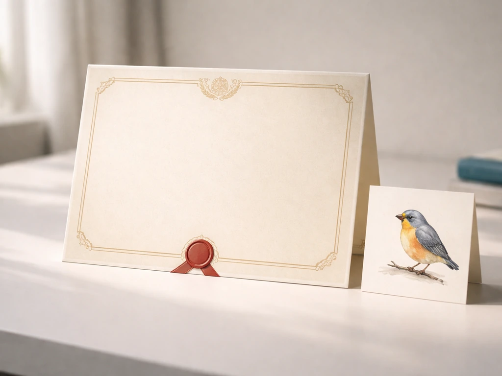 Official document-style card beside a small illustrated bird icon on a desk, symbolic and minimal.