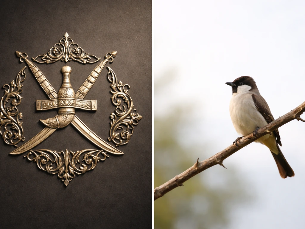Split image showing Oman emblem-like khanjar relief on one side and a small perched bird on the other.