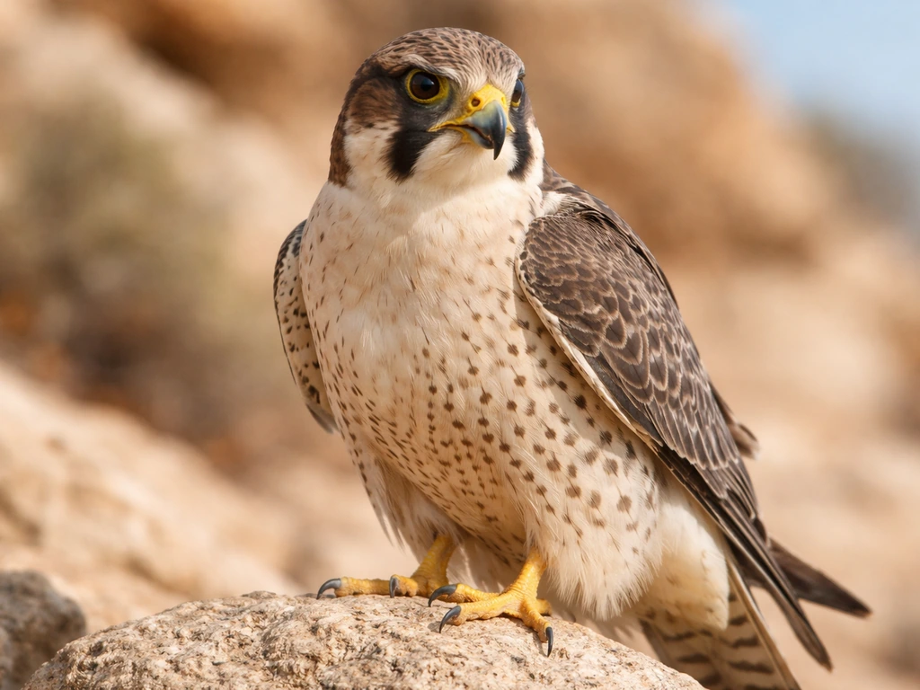 Close-up of a Barbary falcon perched, showing pale coloring and sharp raptor facial markings