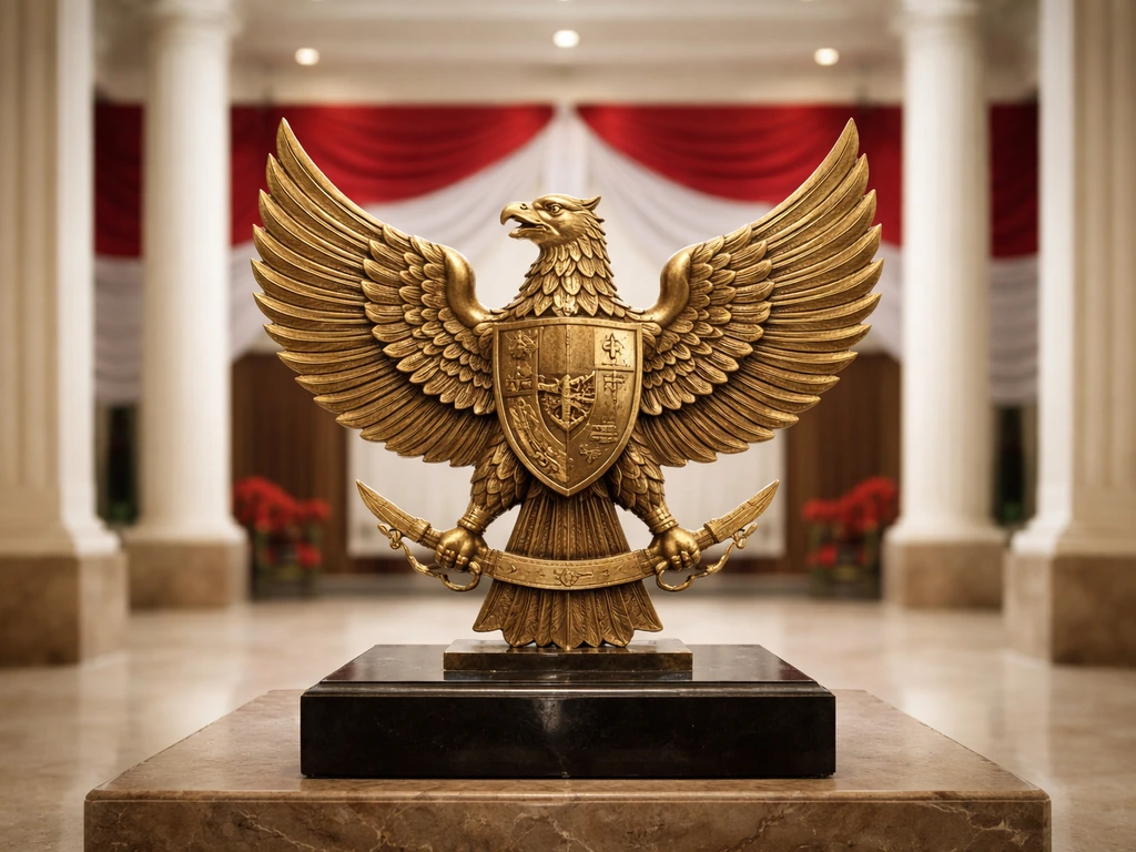 Stylized Garuda emblem in a quiet hall with red-and-white draped fabric in the background.