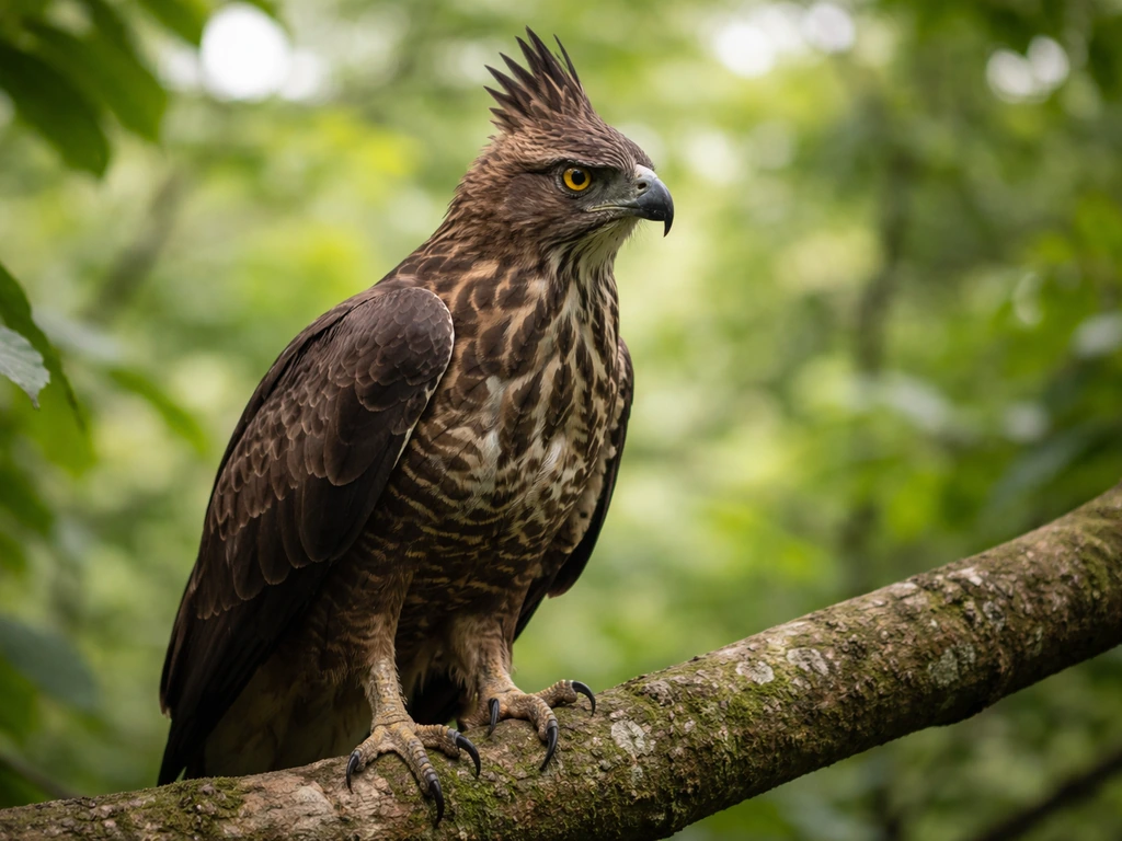 Close-up of a Javan hawk-eagle perched in dark forest shade, showing dark brown raptor plumage.
