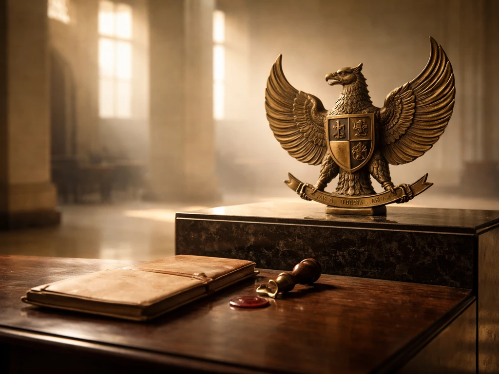 Indonesian Garuda emblem on a stone pedestal with an aged presidential-decree folder nearby at golden hour