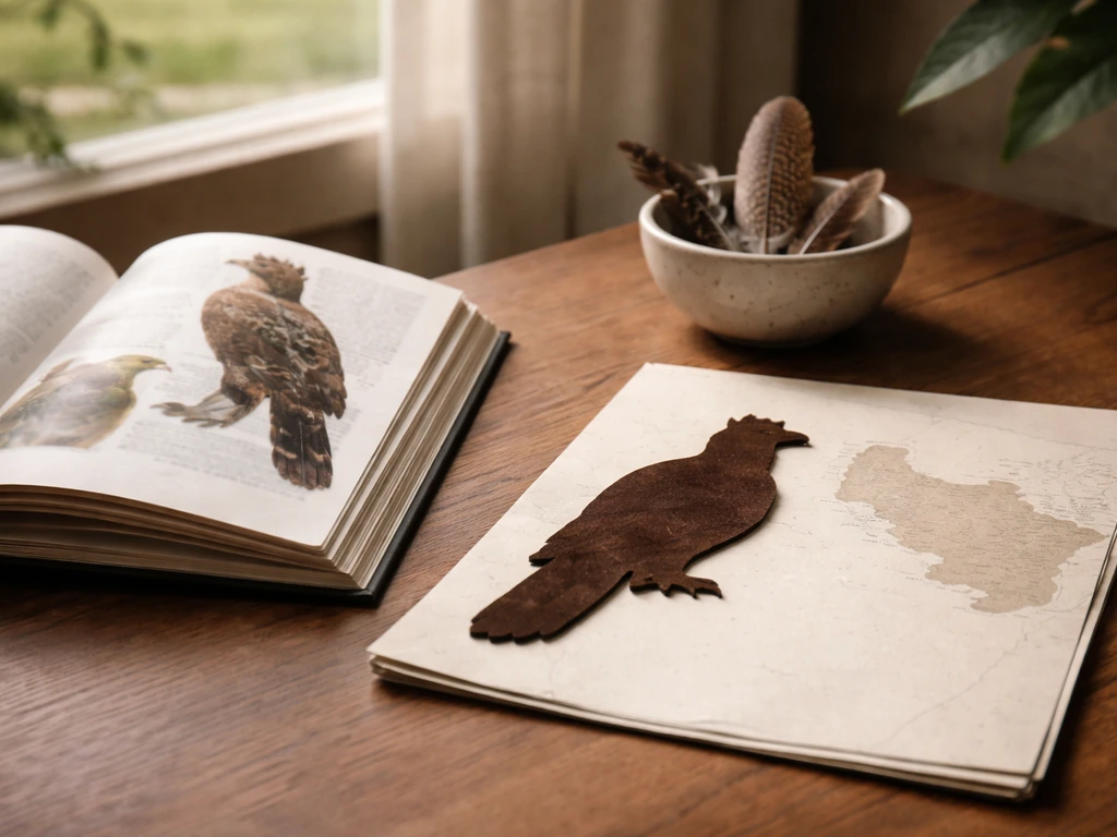 Minimal desk scene with a dark hawk-eagle silhouette and a plain island-outline map sheet.