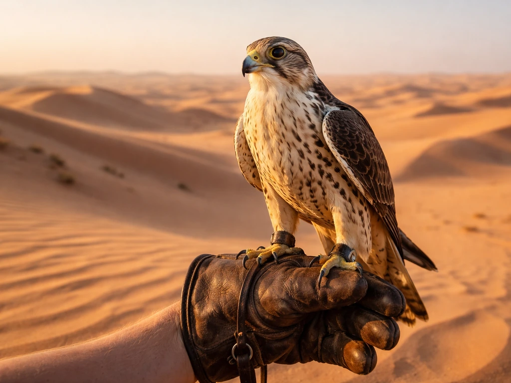 A falcon perched on a leather glove in the UAE desert at golden hour