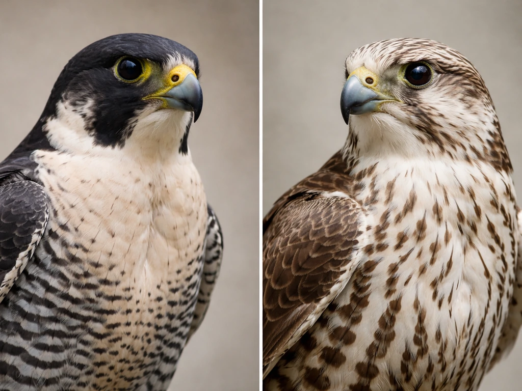 Two realistic falcon close-ups side by side on plain backgrounds, one Peregrine-like and one Saker-like