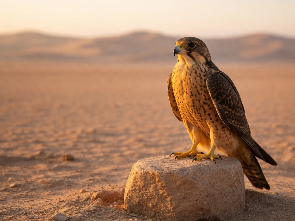 Golden falcon perched against a UAE desert backdrop at golden hour, symbolizing strength and unity.